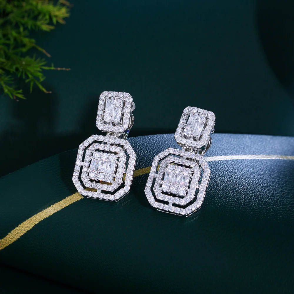 

No Ear Hole Design Square Drop Dangle CZ Women Party Wedding Engagement Clip on Earrings Without Piercing