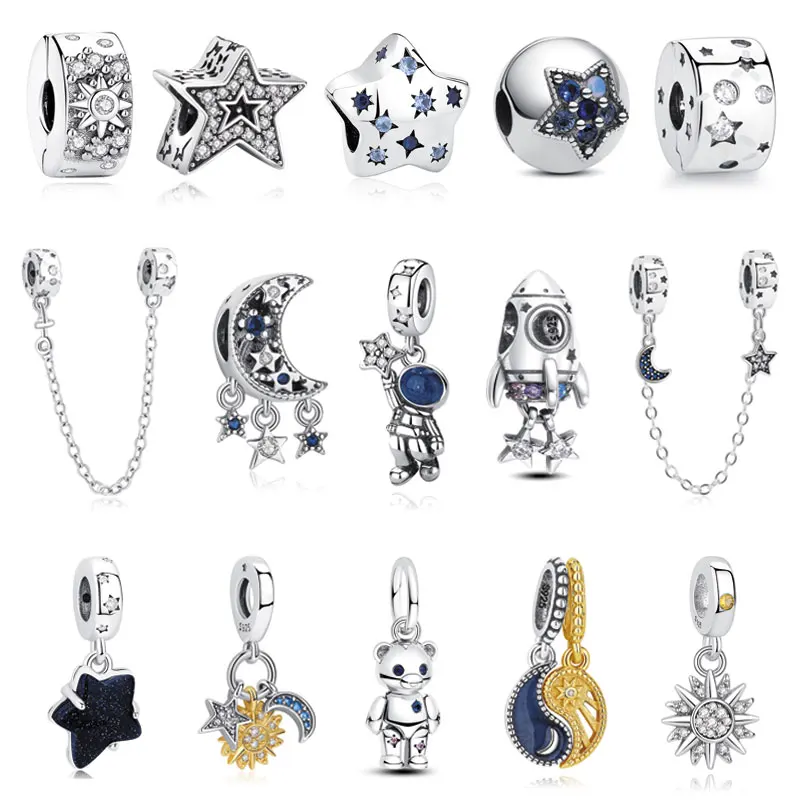 Original 925 Sterling Silber Charms Stern Mond Sonne Astronaut Anhänger Perlen Passend für Marken-Armbänder Halsketten Damen DIY Schmuck