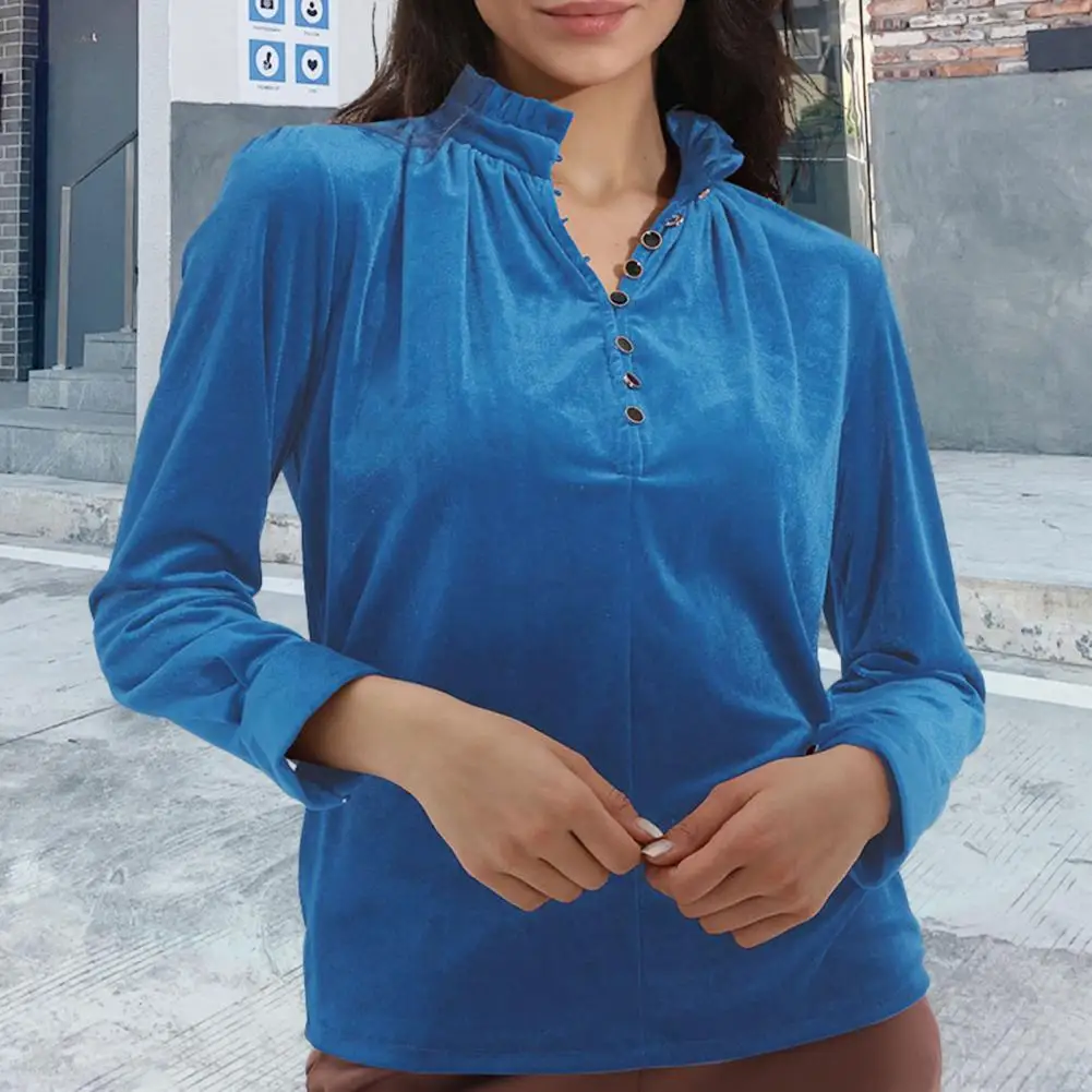 Blusa dourada de veludo feminina com gola em pé, pulôver macio de manga longa, blusa solta, leve, elegante, primavera, outono