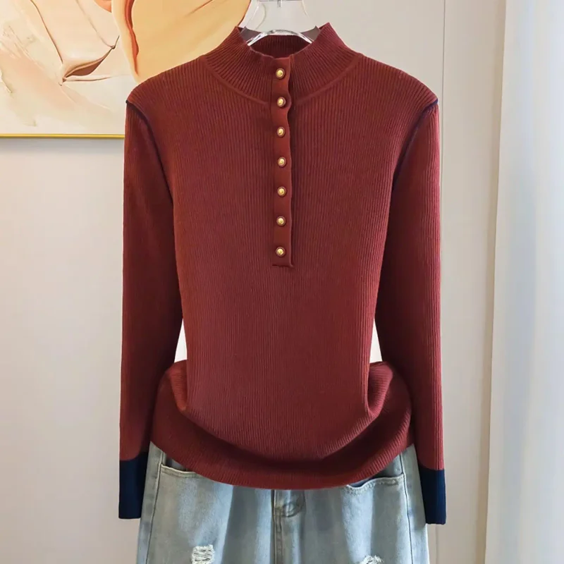 

Fashion Half-turtleneck Autumn Winter Sweater for Womens New Elastic Loose Pullover Sweater Color-blocking Base Shirt Top Female