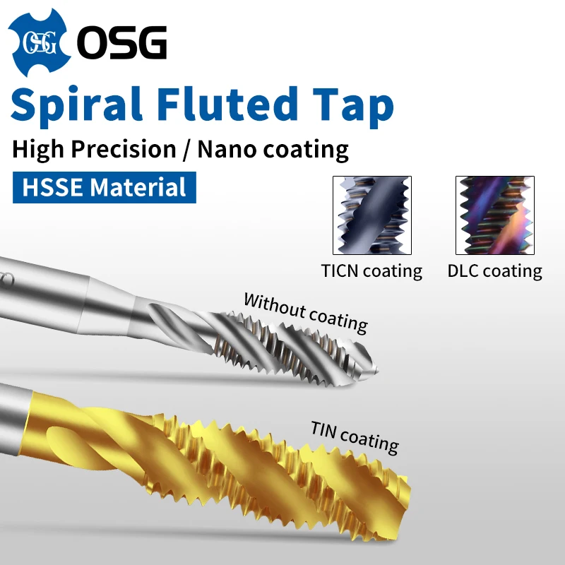 Japan OSG HSSE Spiral Fluted Tap Without/TIN/DLC/TICN Coating M5-M11 For Blind Hole Tapping Cobalt Plated Stainless Steel