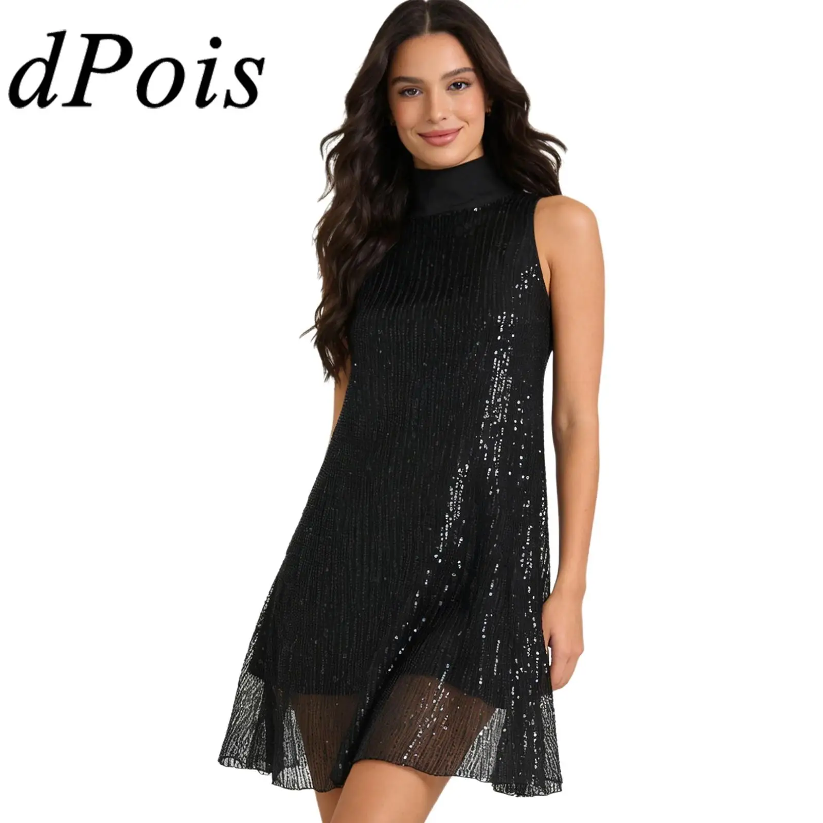 

Womens Glittery Prom Dress High Collar Sleeveless Sequin Club Dress for Nightclub Bar Banquet Wedding Party Graduation Ceremony