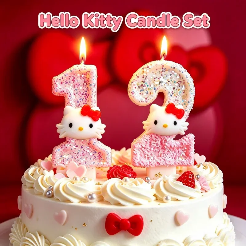 Niedliche Hello Kitty Glitzernde Farbverlauf-Zahlenkerze Kuchendekoration Süßes Thema Kindergeburtstags-Party-Zubehör Mädchen-Baby-Shower-Dekorationen – Detail 2