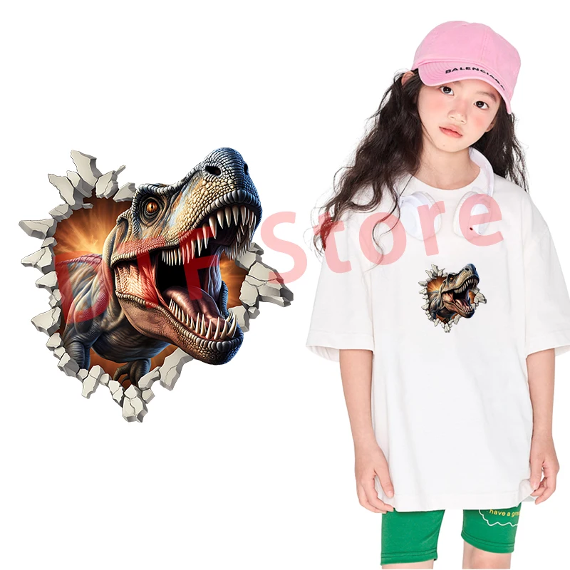 Dinosaurs break through holes and emerge from walls DTF Heat Transfer On Clothes iron on heat transfer Children\'s clothing