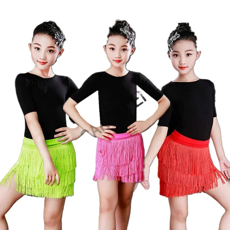 ชุดเต้นรำเด็ก ซัลซ่า แทงโก้ กระโปรงสำหรับการแข่งขัน พร้อมพู่ห้อย ชุดเต้นละตินสำหรับเด็กผู้หญิง
