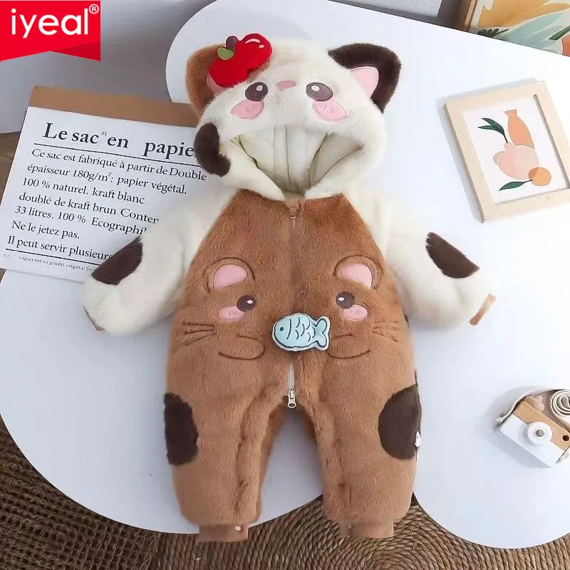 

IYEAL детский зимний комбинезон, теплый фланелевой плюшевый комбинезон + нагрудник, костюм животного для маленьких девочек и мальчиков, комбинезон с капюшоном для новорожденных и котят