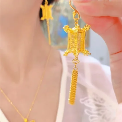 

AU999 24K Gold Tasseled Lantern Earrings | Micro - carved vine patterns, diamond accents, tiered tassels, stylish & traditional