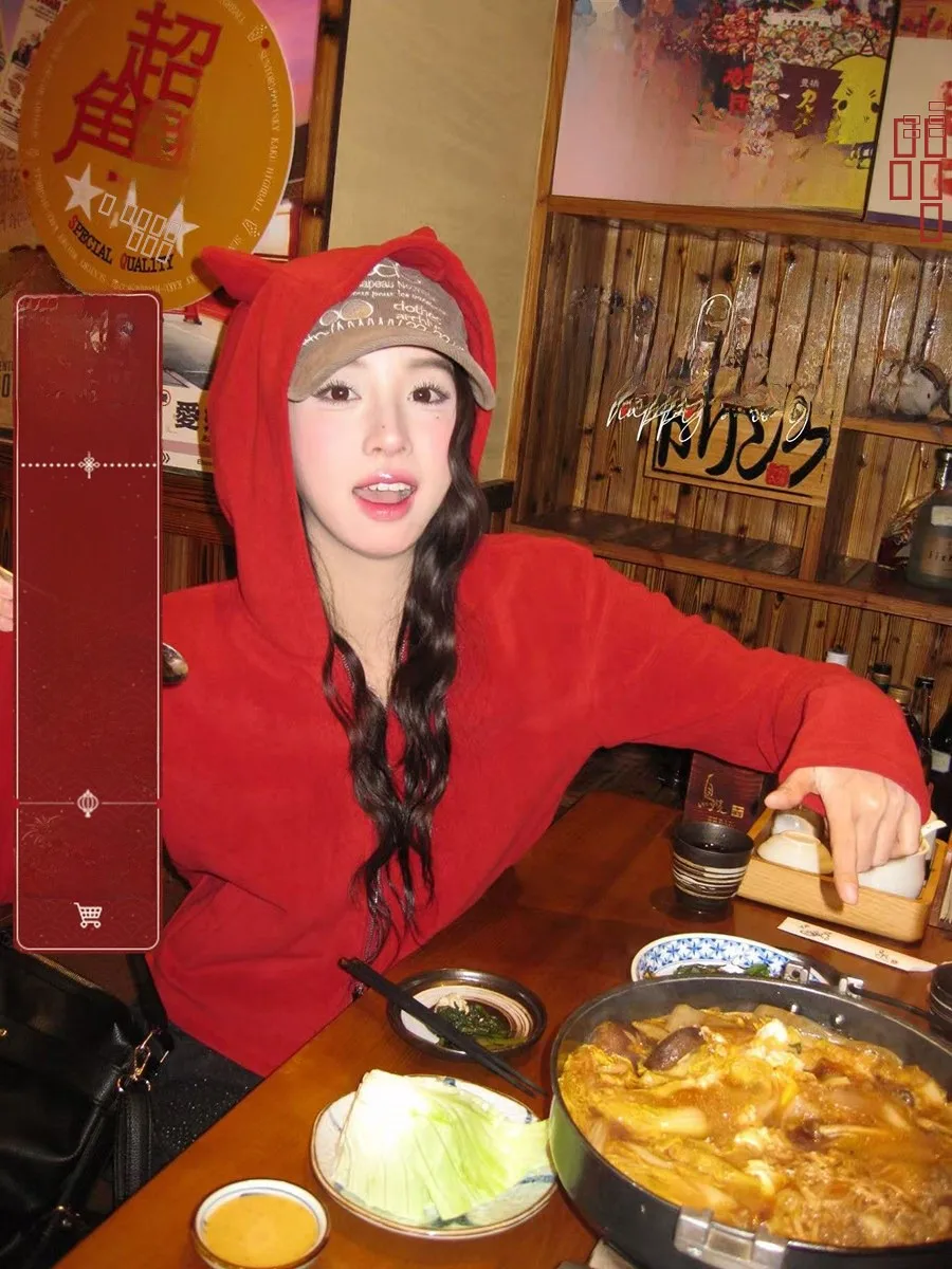 

Sinbounboun Ear Hooded Double Zipper ort Sweatirt 2026 New Year Red Fce Open Cardigan Jaet Women's Faion