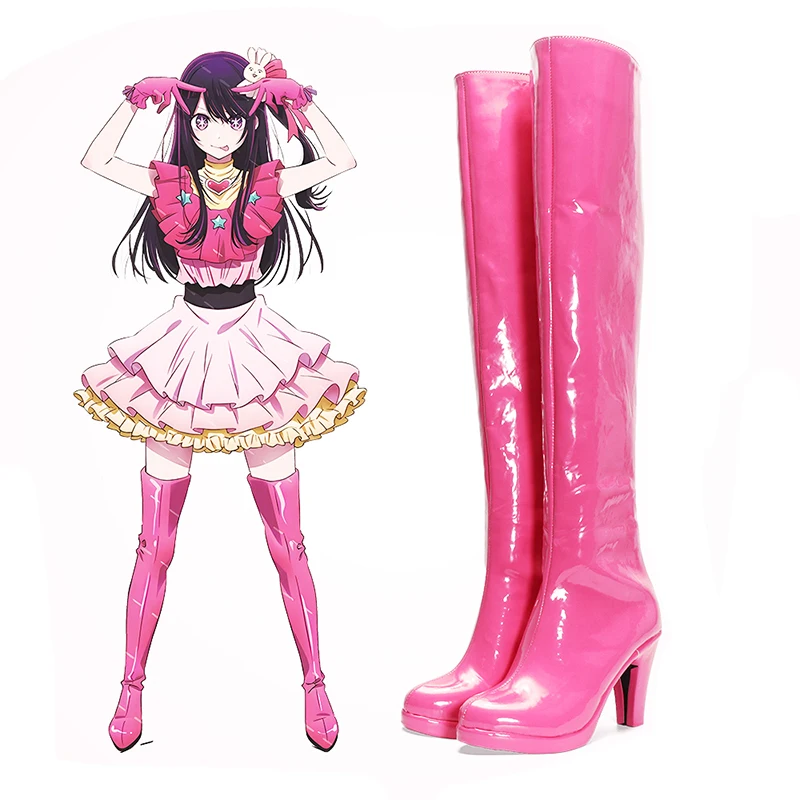 New Anime Oshi No Ko Cosplay Shoes Hoshino Ai Cosplay Shoes lunghezza al ginocchio rosa PU stivali in pelle tacchi alti cerniera taglia 35-46