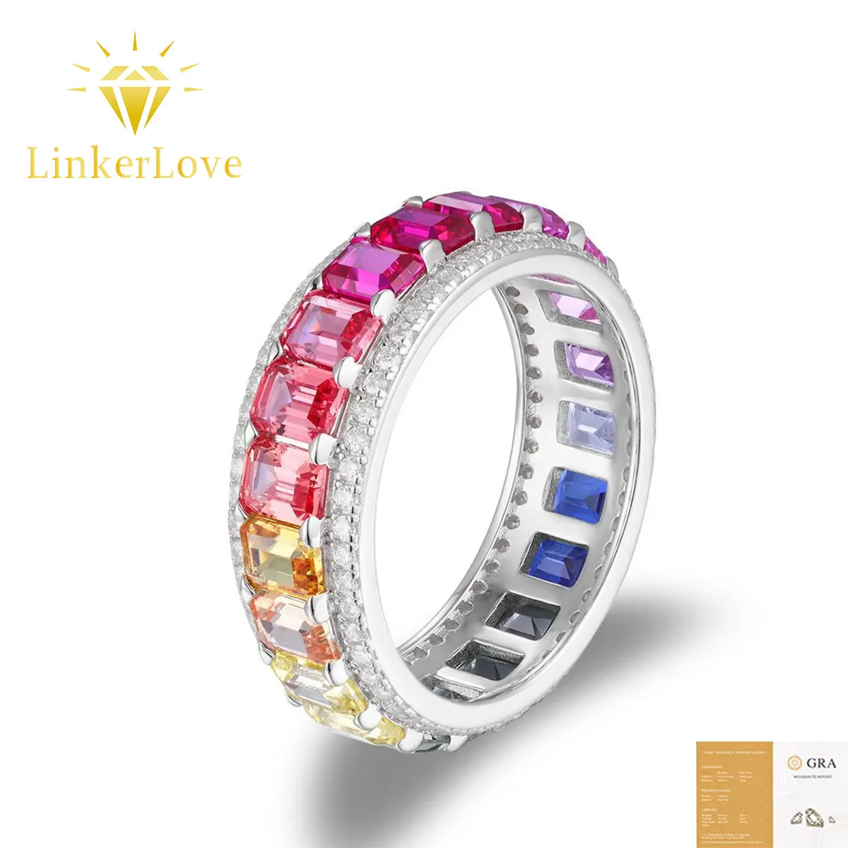 LinkerLove Rainbow Gradient Sapphire Ring for Women 925 Silver Lab Grown Emerald Cut Eternity Wedding Band Pave Moissanite Edges