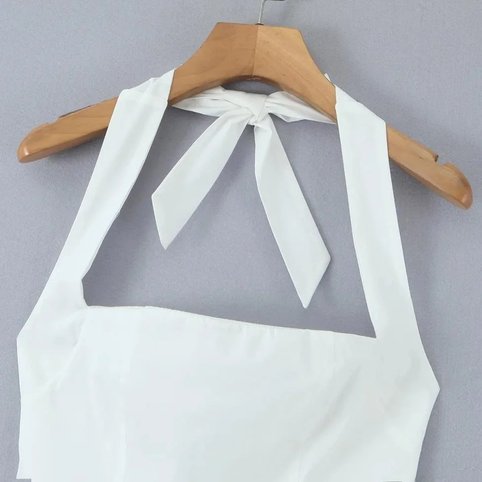 아메리칸 스타일 홀터넥 롱 드레스 여성 여름 2025 신상 백리스 섹시 허리 조절 사이드 슬릿 A라인 스커트 드레스