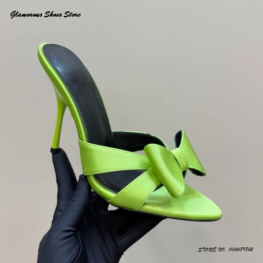 

Satin Butterfly-knot Modern Slippers Elegant Women's Pointed Open Toe Thin High Heels Summer Banquet Stilettos Evening Shoes