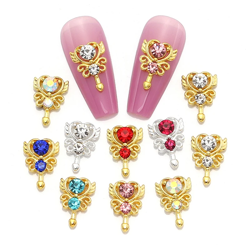 

10pcs of Fairy Magic Wand nail amulet, gold and silver metal with Rhinestones 8 color optional nail accessories,nail art jewelry