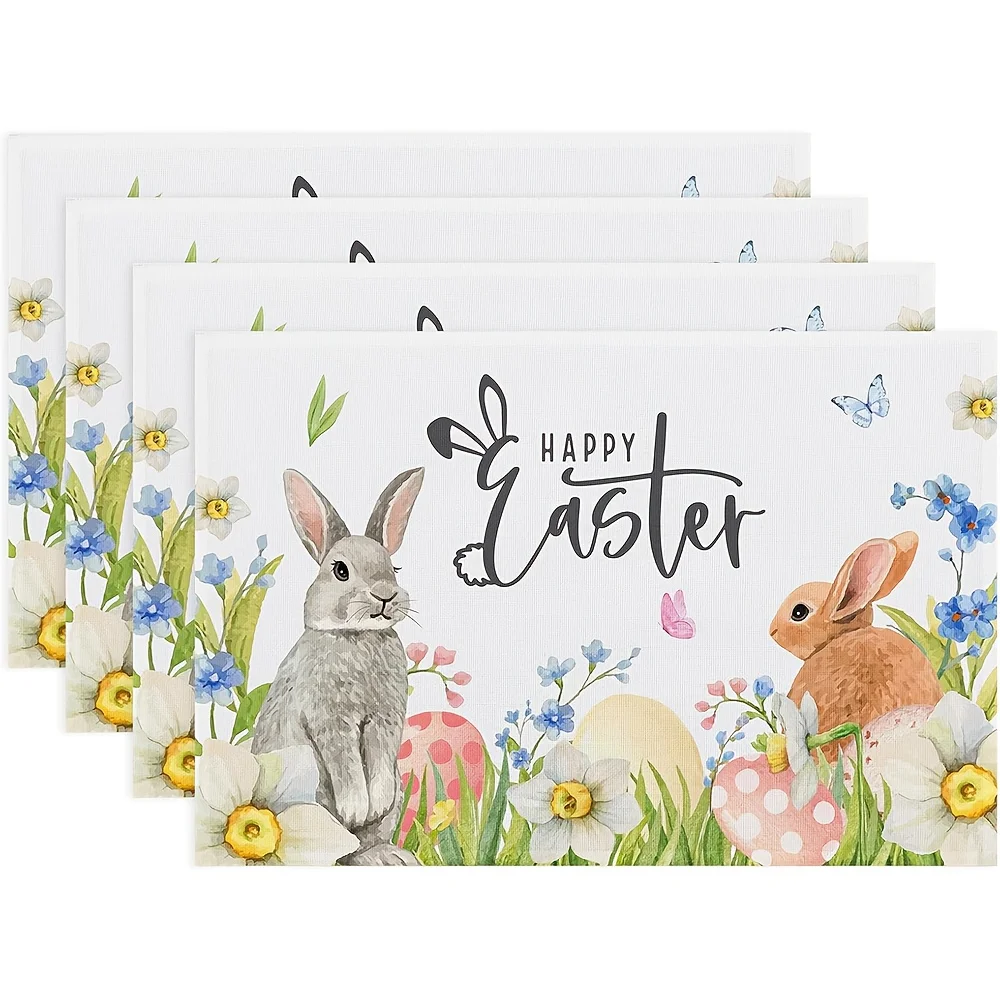 

4pcs Easter Bunny Placemats Set of 4-12x18 Inch - Spring Rabbit Egg Flowers Floral Decoration Place Mats, Wipeable Table Mats