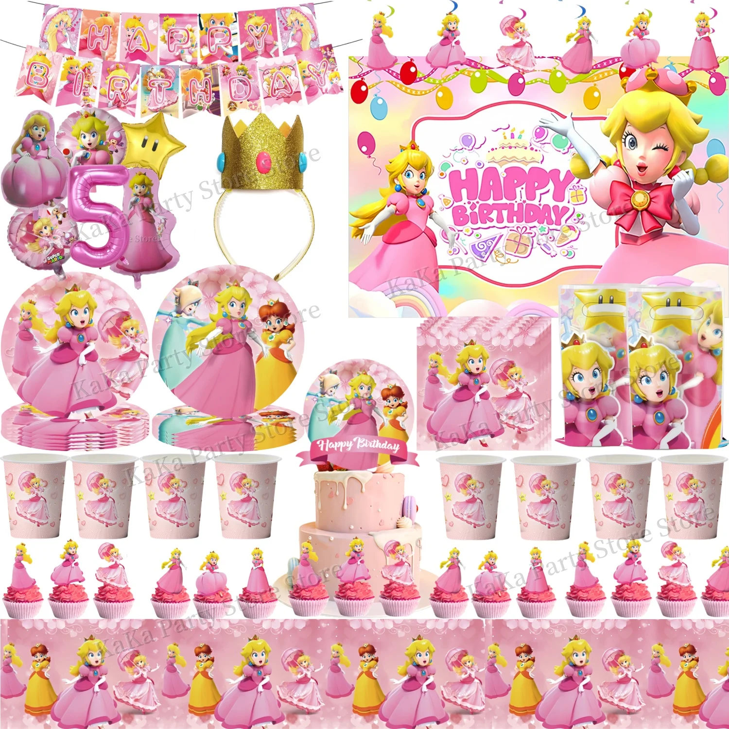 

Princess Peach Birthday Party Decor Disposable Tableware Peach Tablecloth Plate Gift Bag Ballon Baby Shower Girls Party Supplies