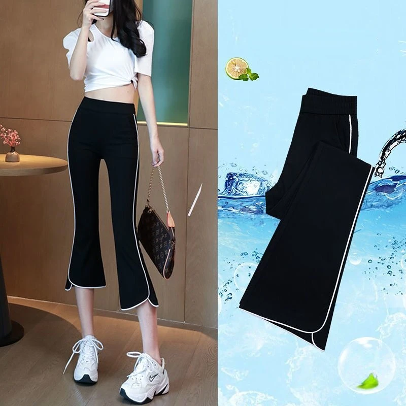 Summer High Waist Patchwork Casual Split Micro Flare Sweatpants Plus Size Calf Length Pants Simplicity Fashion Women Clothing