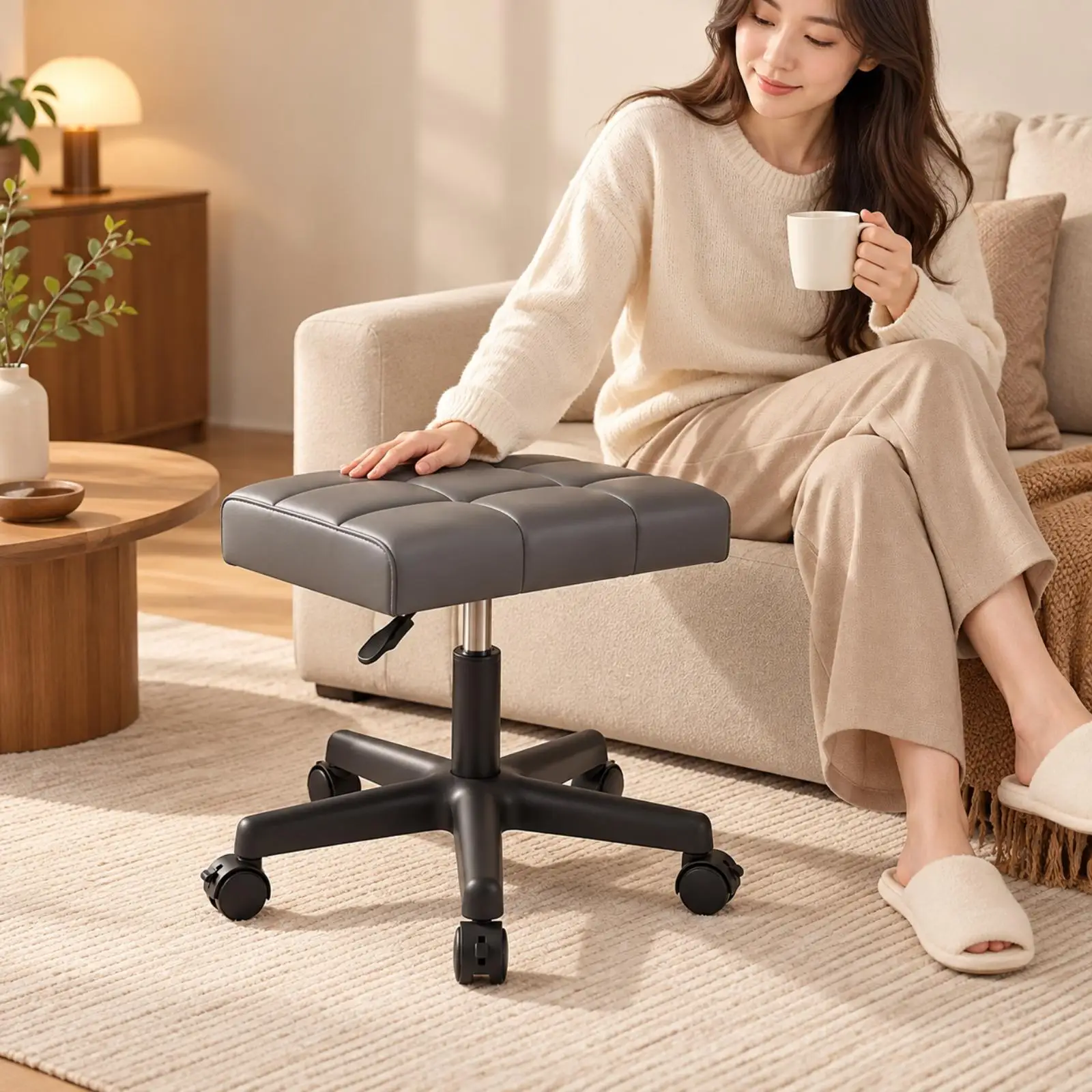 Swivel Rolling Stool with Lockable Casters for Dressing Table Counter Seating Height Adjustable Leather Padded Mobile for seat