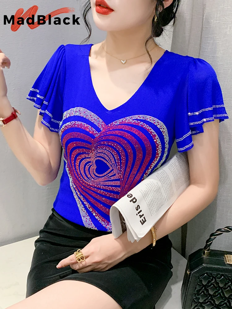 

MadBlack Summer European Clothes V Necks T-Shirts Ladies Sexy Ruffled Shiny Heart Diamonds Slim Tops Short Sleeve Tees T34336C