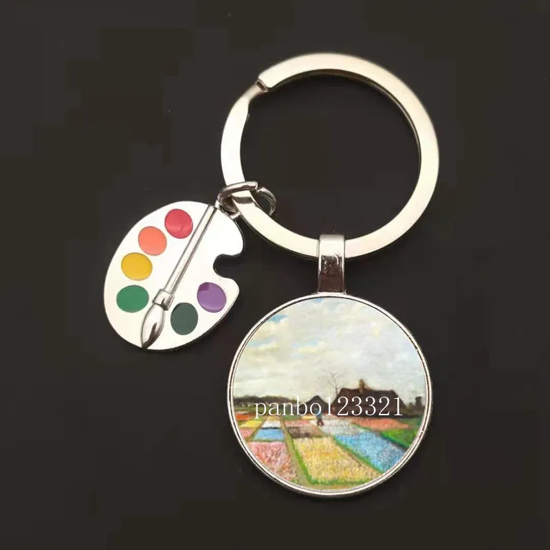 Classic Van Gogh Keychain Starry Night Painting Glass Cabochon Keyring Chain Retro Car Bag Keychain Ladies Jewelry