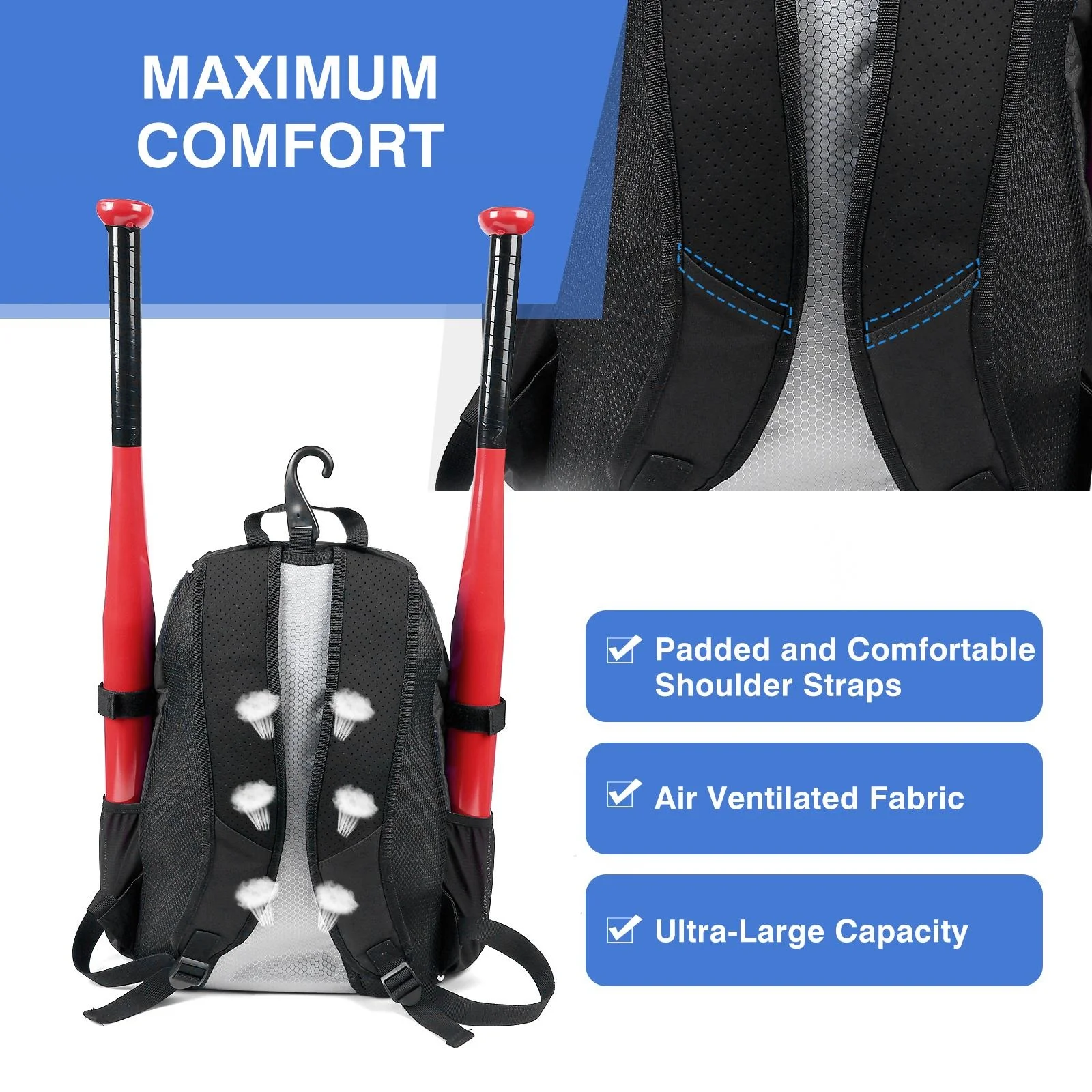 Baseball Bag Softball Bag Waterproof Backpack Bag Shoulder Sport Bag Youth Boy Girl Adult Fence Hook Ball Bat Batting Glove Gear