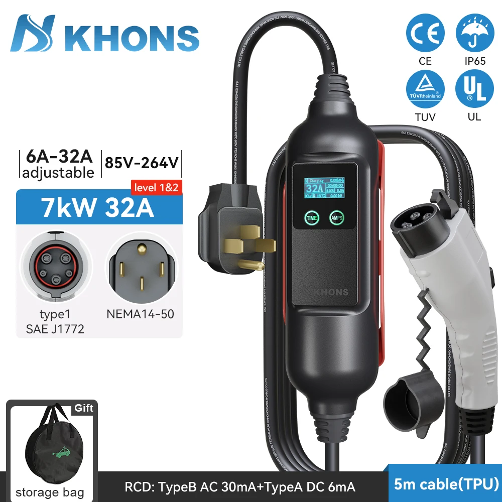 

Khons Type1 Portable EV Charger Wallbox j1772 32A Electric Car Charger 7KW 1Phase EVSE Charging For Electric Vehicle 5m Cable