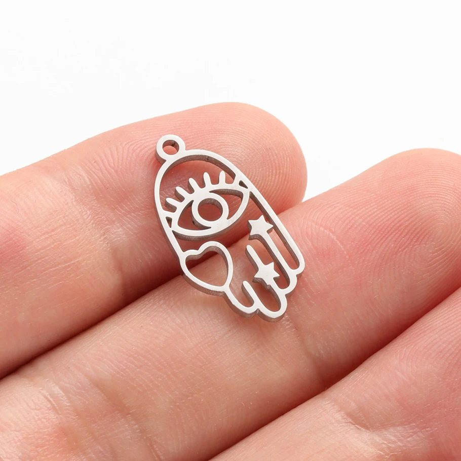 5 Stück Edelstahl-Anhänger mit Fatima-Hand, Herz/Mond/Rundem Bösen Auge für Schmuckherstellung, dunkelblauer Strass-Charm, Großpackung – Detail 8