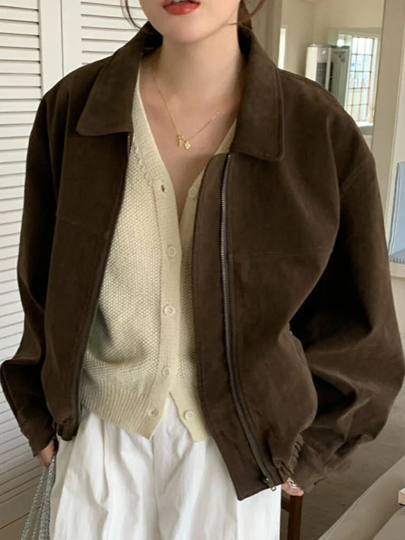 Retro Skórzana Kurtka Damska z Aksamitu, Zapinana na Zamek, Długi Top, Odzież Wierzchnia, Koreański Styl, Luźny Krój, Jesień, Nowość