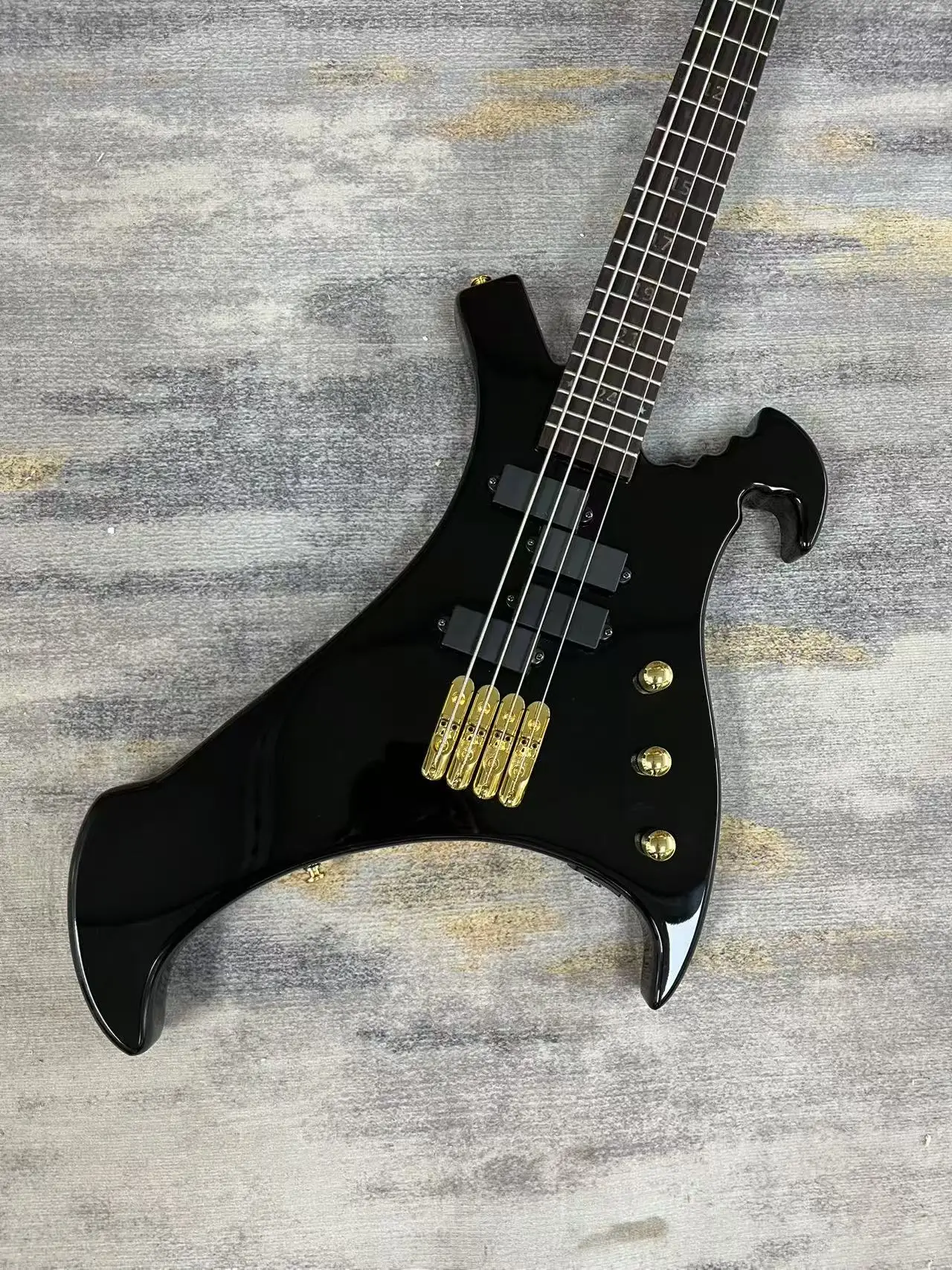 4 String Solid Body Electric Bass Guitar, Unique Bat-shaped Contoured Body, Gloss Black Finish, Gold Hardware