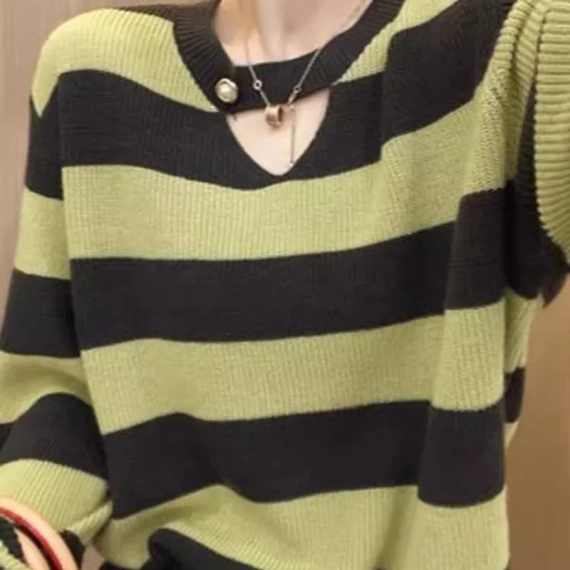 Women Clothing Casual Loose O-neck Knit Sweaters 2024 Autumn Winter New Fashion Striped Oversized Pullovers Chic Hollow Out Tops