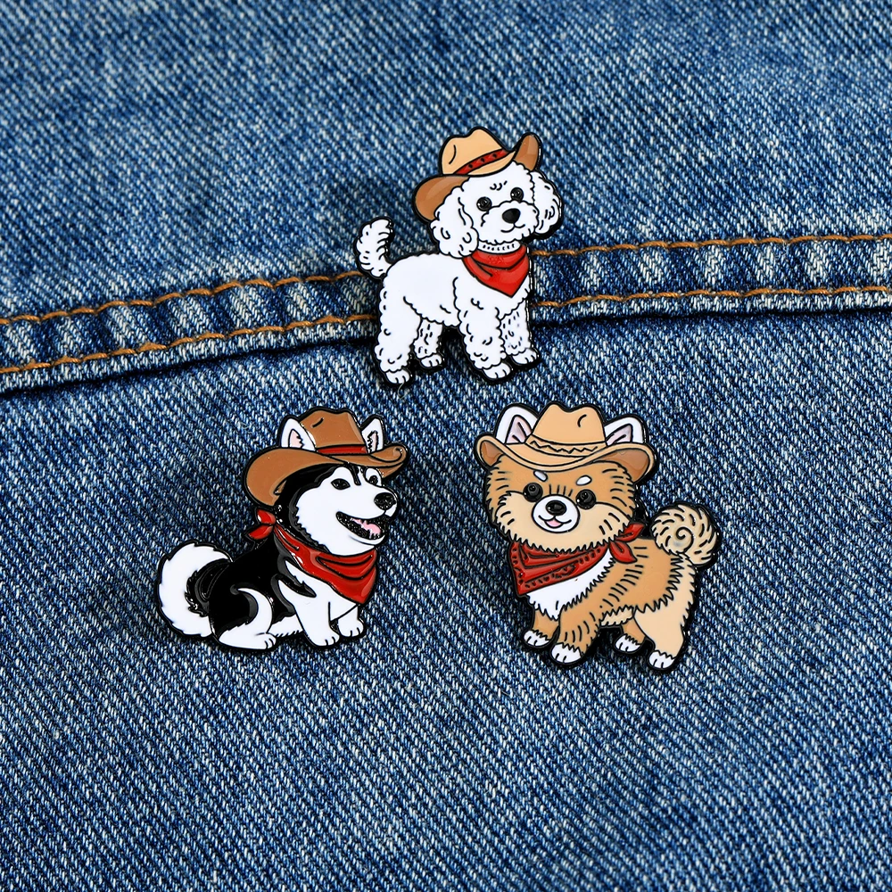 3 Styles Cartoon Cowboy Hat Dog Enamel Brooches Cute Poodle Husky Pup Shaped Metal Pins Pet Owner Badge