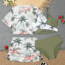 Girls 4pack Coconut Palm Print Bikini Sets with Beach Skirt&Short Sleeve Crop Top Swimsuit Kids 7-12 Years Children's Swimwear