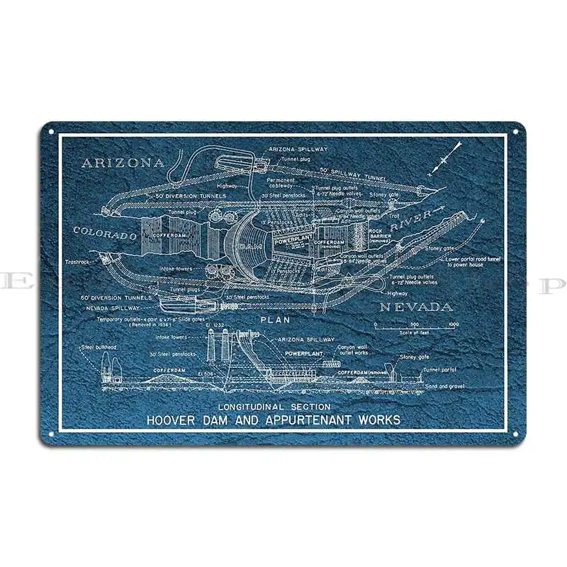 Hoover Dam Blueprint 1935 Metal Sign Plaques Garage Iron Retro Bar Cinema Tin Sign Poster
