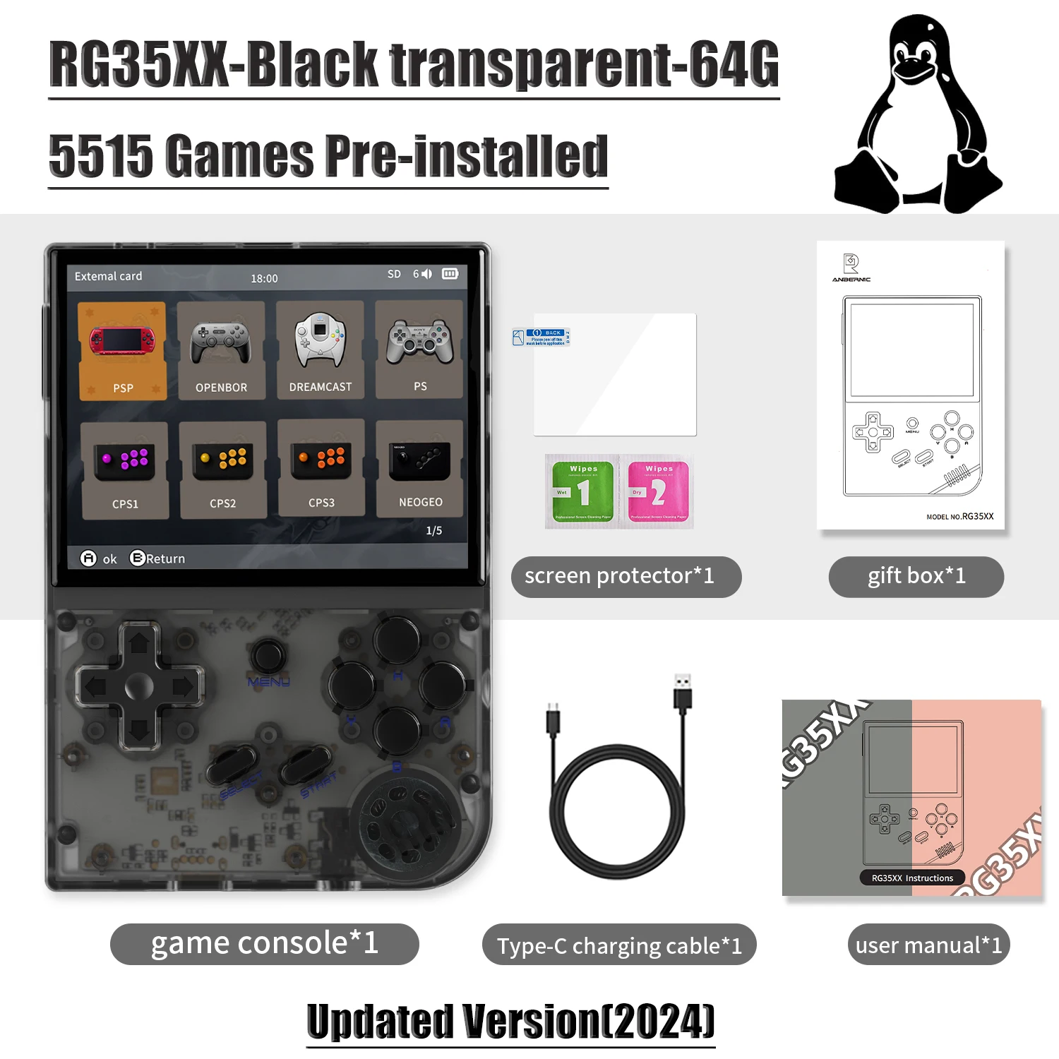 ANBERNIC RG35XX 2024 Retro draagbare gameconsole Linux-systeem HD TV-uitgang 3,5 inch IPS-scherm 64G TF-kaart 5000+ games 2600mA
