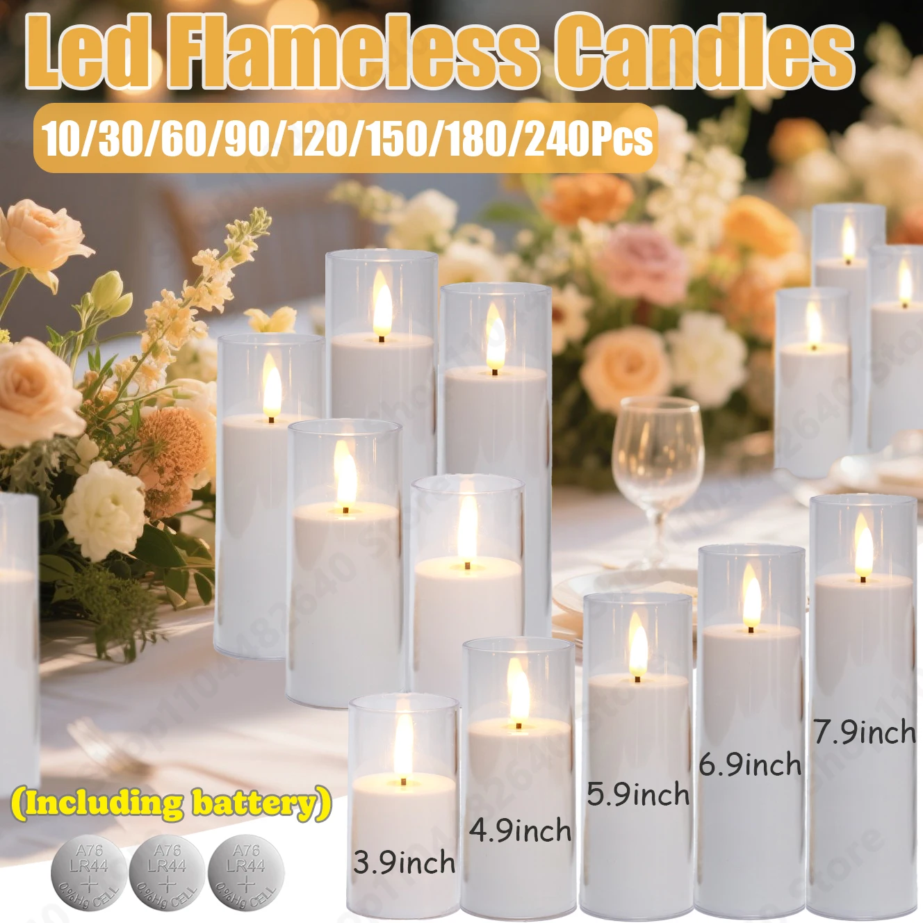 

10-240Pcs Wedding LED Flameless Candle Acrylic Cup Pure White Pillar Candle with Battery Powered for Party Concert Outdoor Decor