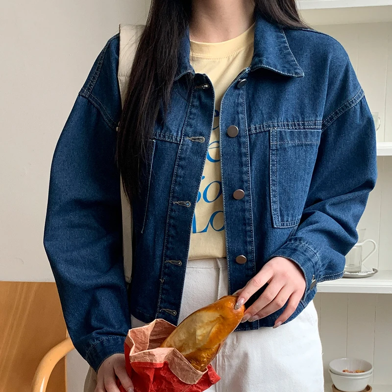 

Fall Vintage Simple Casual Loose Buttoned Collar Long Sve Denim Jaet Women's Sle Other Conents 00% Sve Length Long