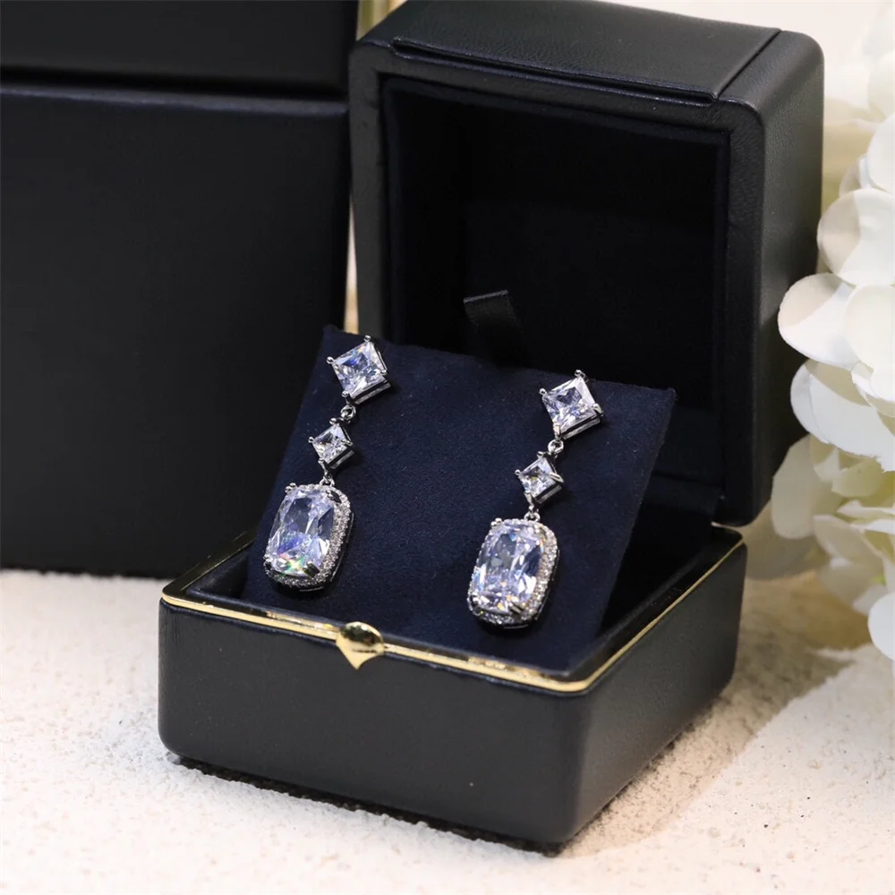 Platinum Diamond Super Sparkling Earrings Grandmother Cut Square Diamond Earrings Goddess Style 2024 New Earrings