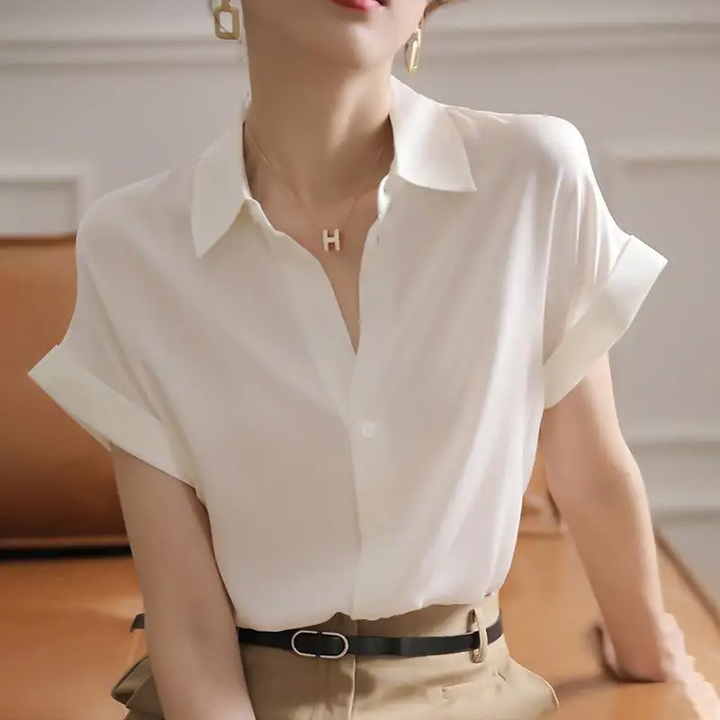 Summer Fashion Elegant Short Sleeve Women's Shirt Lady Loose Simple All-match Buttons Casual Fashion Chiffon Blouse Solid Tops