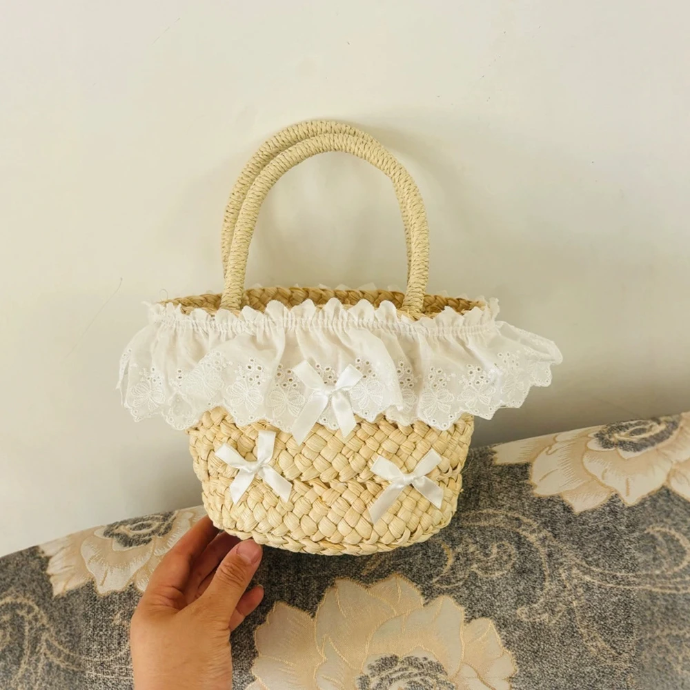 

Cute Mini Bow Straw Bucket Bags for Women Summer Lace Straw Bag Handmade Woven Handbags and Purses Bohemian Beach Bag Tote NEW