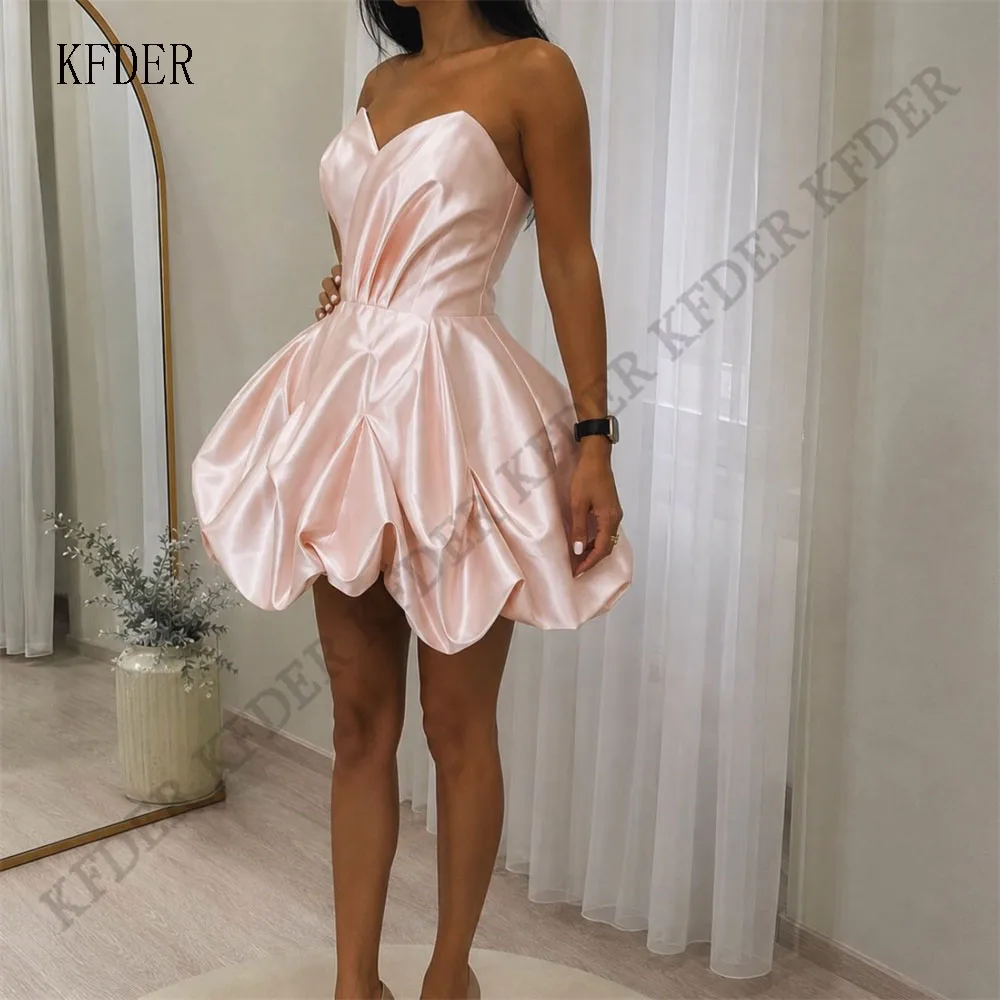 Light Pink Satin Sweetheart Prom Dress Sleeveless Pleated Short A Line Fluffy Cocktail Party Dresses Robes De Soirée Customized