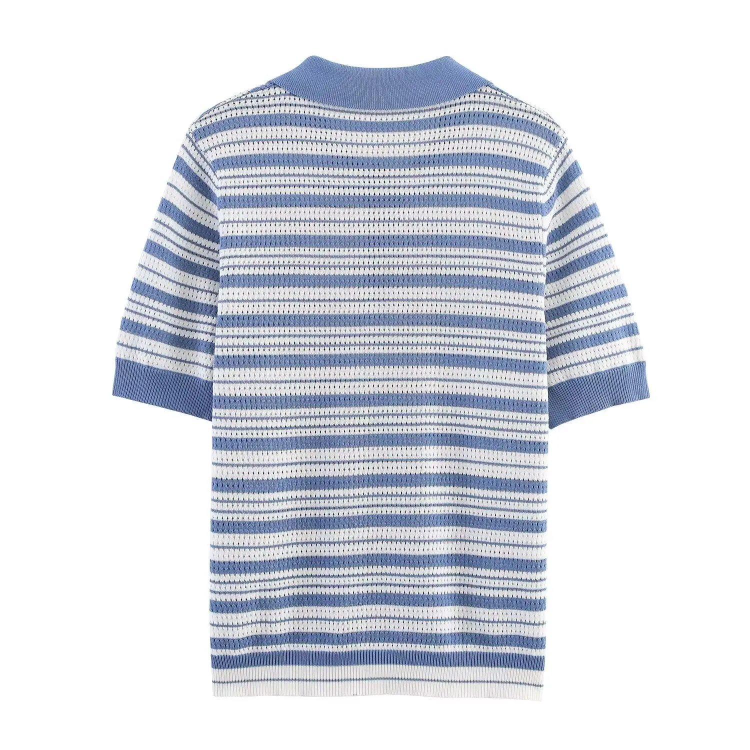 KONDALA Chic 2025 Fashion Striped Knit Straight Half Sleeve Buttons Sweater Casual Turn-Down Collar Female Elegant Knitwear