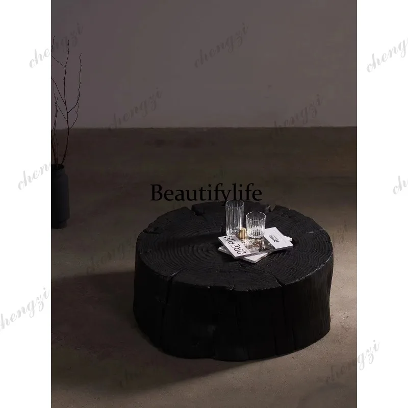 Bed and breakfast wabi-sabi wind charcoal black log coffee table living room wood tea table irregular wooden pier