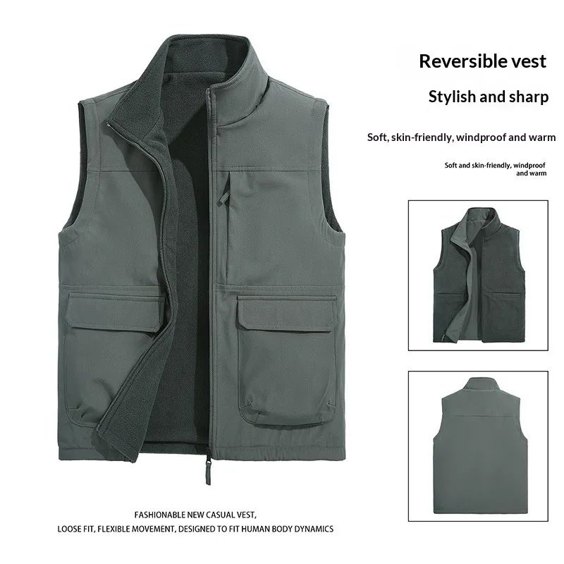 Mens Reversible Fleece Vest Multi Pocket Stand Collar Zip Up Sleeveless Casual Outerwear for Autumn Winter Daily Wear and Travel