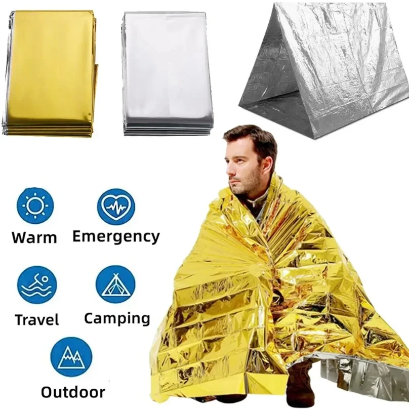 

Emergency Thermal Poncho Blanket Lightweight Folding Water Resistant Windproof Sunshade Reusable First Aid Camping Mat Pad Cover