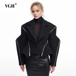 VGH Solid Patchwork Zipper Irregular Jackets For Women Notched Collar Long Sleeve Temperament Tunic Jacket Female Fashion New