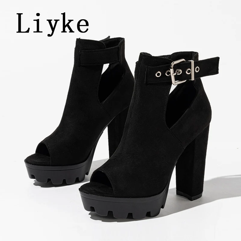 Liyke Punk Style Peep Toe Cool Riding Platform Boots Sandals Female Fashion Buckle Strap Thick High Heels Women Shoes Booties