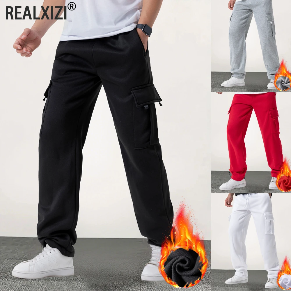 

Men's Fleece Lined Cargo Pants Winter Warm Multi-Pocket Sweatpants High Waist Loose Casual Trousers Sports Jogger Streetwear