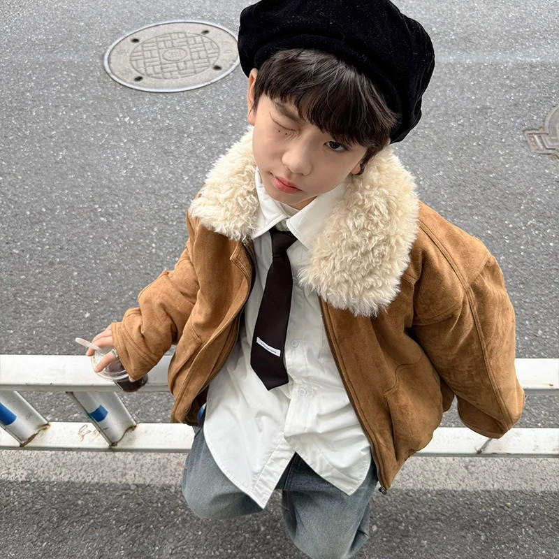 

New Winter 2025 Children's Suede Detachable Large Fur Collar Thick Warm Jacket