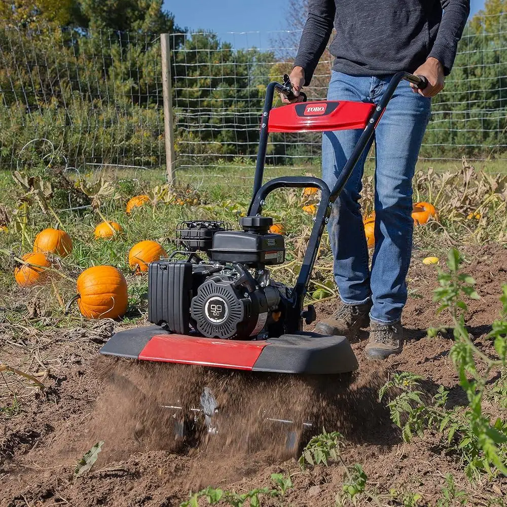 Compact Front Tine Tiller 99cc Gas Powered 4-Cycle Engine Adjustable Tilling Width 11 inch Max Tilling Depth Removable Side