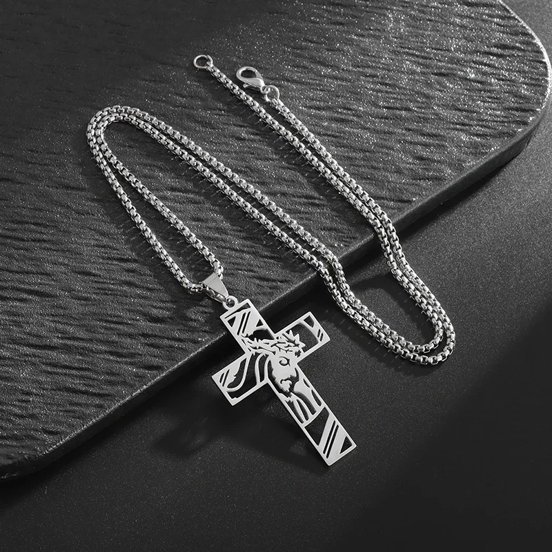 Catholic Jesus Cross Stainless Steel Pendant Necklace for Men Women Vintage Christian Prayer Jewelry