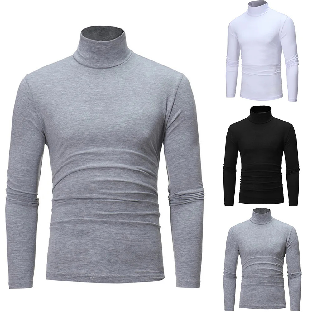 Men Slim Turtleneck Sweater Long Sleeve Warm Stretch Knit Pullover High Neck Solid Color Winter Casual Tops Shirt